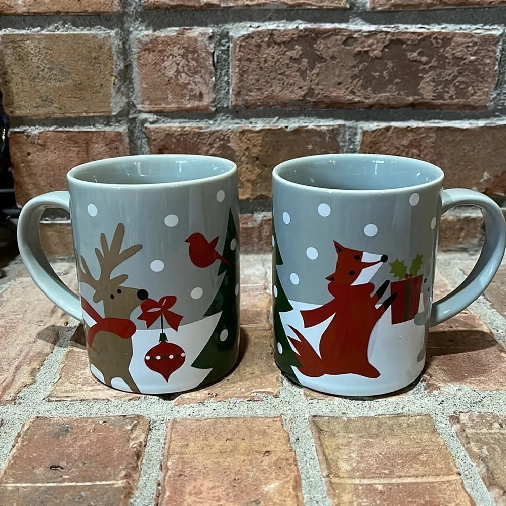 Crate&Barrel Gray Woodland Critters Fox Deer Bunny Cardinal Set of 2 Mugs
